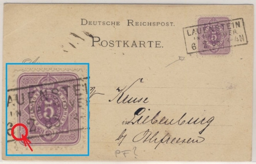 DR - 5 Pfg. (Plattenfehler) Karte Ra3 Lauenstein in Hannover - Liebenburg 1885