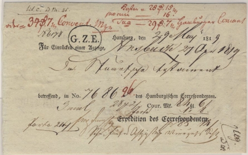 Hamburg - Anzeigenquittung f. bayer. Gericht d. Hamburg. Correspondenten 1819