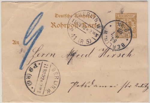 DR - 25 Pfg., Krone/Adler Rohrpost-GA-Karte, Berlin W84, 1892 - KBHW 751