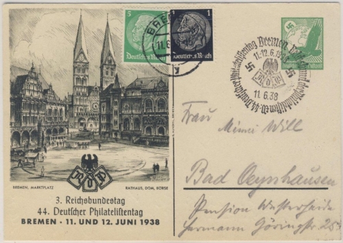 DR - 44. Dt. Philatelistentag Bremen 1938, 5 Pfg. Privat-GA-Karte m. SST