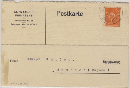 DR-Infla - 150 Pfg. Schnitter Bahnpost Zweibrücken-Ludwigshafen 1922