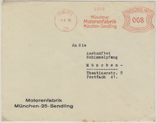 DR - Münchener Motorenfabrik München-Sendling, 8 Pfg. AFS Ortsbrief 1935