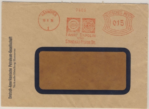 DR - Fahrt Dapolin u. Standard Motor Oil, 15 Pfg. AFS, Brief Hannover 1931