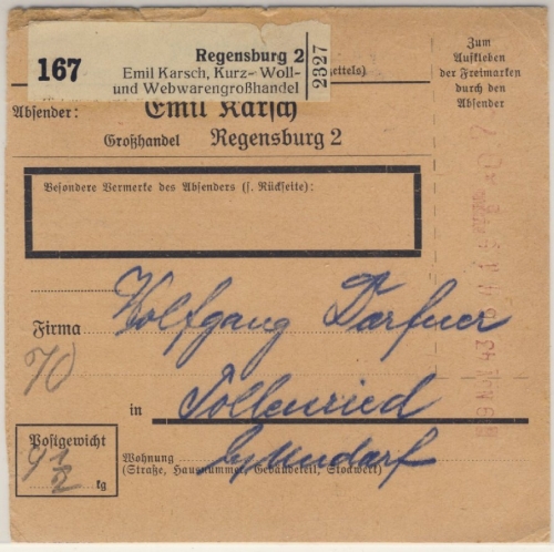 DR - 75 Pfg. Registrierkassenstempel Paketkarte Regensburg 2 - Pollenried 1943