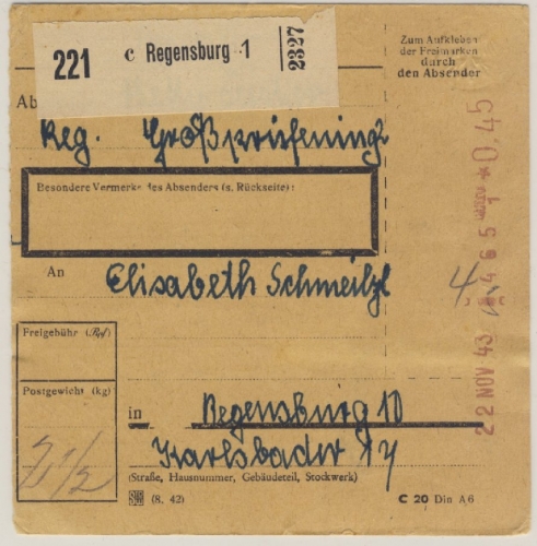 DR - 45 Pfg. Registrierkassenstpl., Paketkarte Regensburg 1 - Regensburg 10 (!)