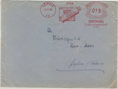 DR - GROHAG Zahnpasta 12 Pfg. Absenderfreistempel Brief Leipzig - Buchau 1933