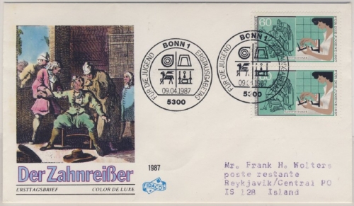 BRD - Jugend 1987 2x60 Pfg. a. Schmuck-FDC n. ISLAND (Ank.stpl.), ESST Bonn
