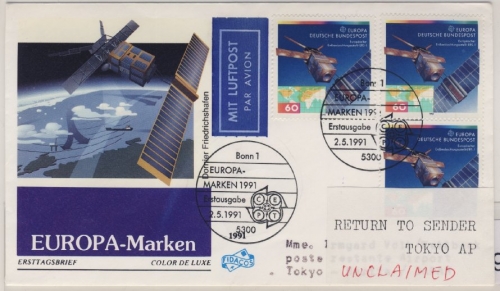 BRD - Europa 1991, 3x60 Pfg. a. Schmuck-FDC n. Japan (Ank.stpl.)