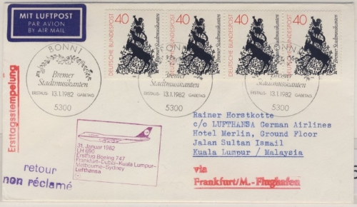 BRD - Bremer Stadtmusikanten 1982, 4x40 Pfg. a. FDC n. Malaysia (Ank.stpl.)