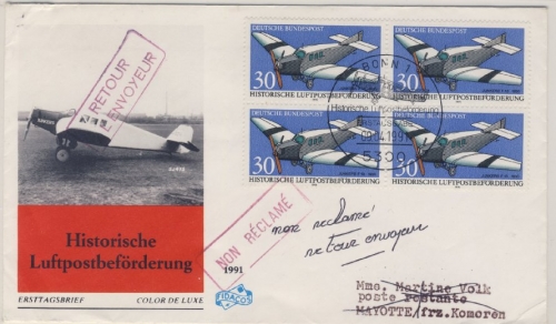BRD - Hist. Luftbeförderung 1991, 4x30 Pfg. a. Schmuck-FDC n. Franz. Komoren