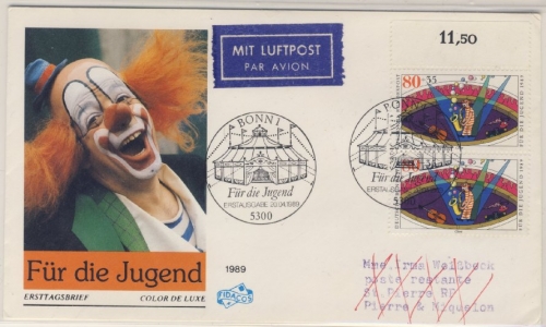 BRD - Jugend Zirkus 1989, 2x80 Pfg. a. Schmuck-FDC n. St. Pierre et Miquelon