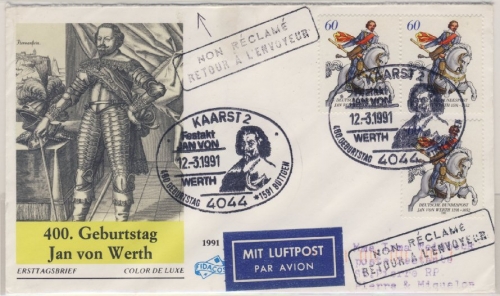 BRD - 400. Geb. Jan v. Werth 1991, 3x60 Pfg. a. FDC n. St. Pierre et Miquelon