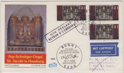 BRD - 300 J. Orgel Jacobi-Kirche Hamburg 1991, 3x60 Pfg. a. FDC n. Reunion