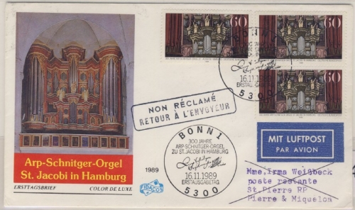 BRD - 300 J. Orgel Jacobi-Kirche Hamburg 1991, 3x60 Pfg. a. FDC n. St. Pierre et