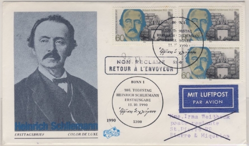 BRD - 100. Todestag Schliemann 1990, 3x60 Pfg. a. Schmuck-FDC n. St. Pierre et