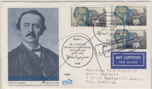 BRD - 100. Todestag Schliemann 1990, 3x60 Pfg. a. Schmuck-FDC n. Franz. Antillen