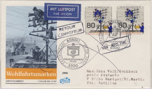 BRD - Wohlfahrt (Telefonbau) 1990, 2x80 Pfg. a. Schmuck-FDC n. Franz. Antillen