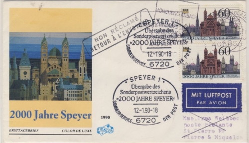 BRD - 2000 J. Speyer 1990, 2x60 Pfg. a. Schmuck-FDC n. St. Pierre et Miquelon