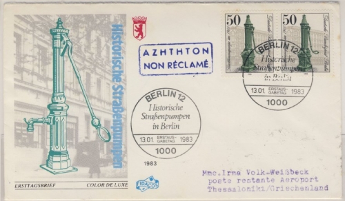Berlin - Hist. Straßenpumpen 1983, 2x50 Pfg. a. Schmuck-FDC n. Griechenland