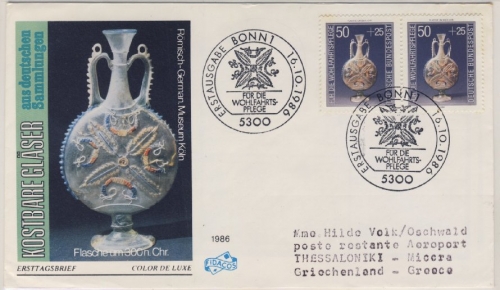 BRD - Wohlfahrt (Gläser) 1986, 2x50 Pfg. a. Schmuck-FDC n. Griechenland