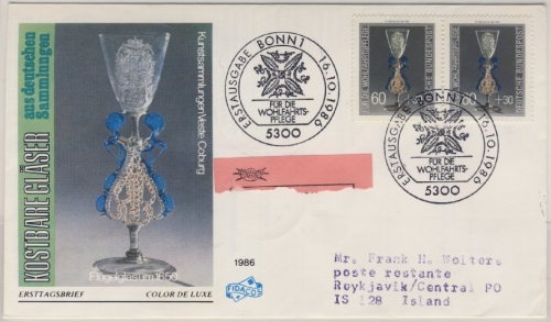 BRD - Wohlfahrt (Gläser) 1986, 2x60 Pfg. a. Schmuck-FDC n. Island