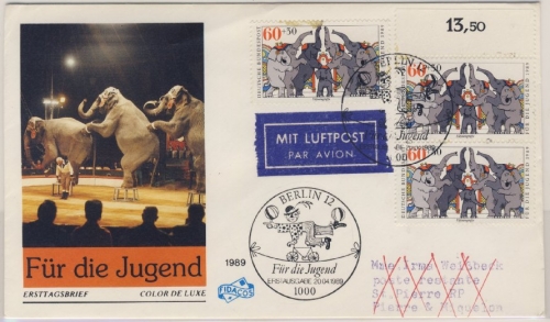 BRD - Jugend (Zirkus) 1989, 3x60 Pfg. a. Schmuck-FDC n. St. Pierre et Miquelon