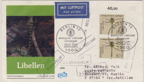 BRD - Libellen 1991, 2x80 Pfg. a. Schmuck-FDC n. Franz. Antillen