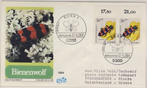 BRD - Jugend (Bestäuberinsekten) 1984, 2x50 Pfg. a. Schmuck-FDC n. Griechenland