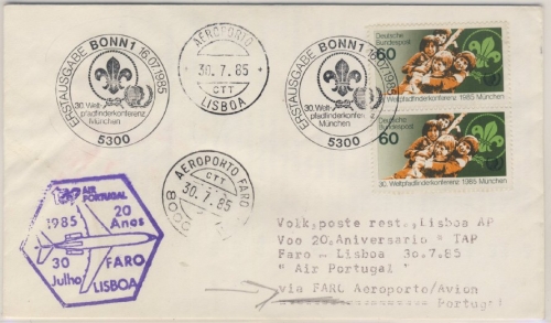 BRD - Weltpfadfinderkonferenz 1985, 2x60 Pfg. a. Schmuck-FDC n. Portugal