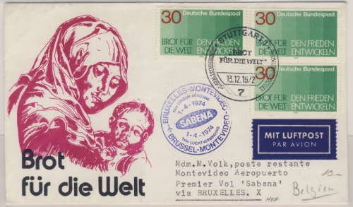 BRD - Brot für die Welt 1972, 3x30 Pfg. a. Schmuck-FDC n. Belgien