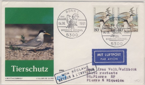 BRD - Naturschutz/Seevögel 1991, 2x80 Pfg. a. Schmuck-FDC n. St. Pierre et