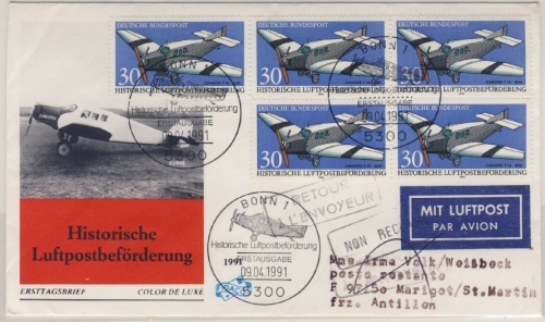 BRD - Hist. Luftbeförderung 1991, 5x30 Pfg. LupoBrief n. Franz. Antillen