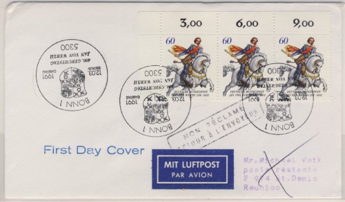 BRD - 400. Geb. Jan v. Werth 1991, 3x60 Pfg. a. FDC n. Reunion