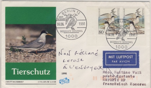BRD - Naturschutz/Seevögel 1991, 2x80 Pfg. a. Schmuck-FDC n. Franz. Komoren