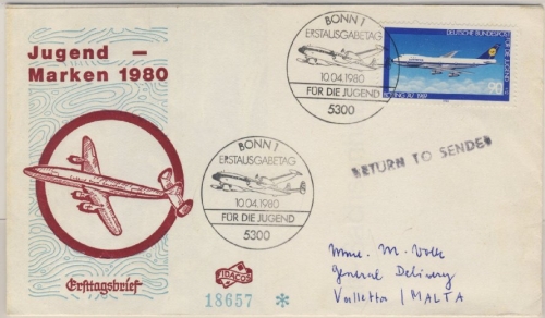 BRD - Jugend (Luftfahrt) 1980, 90 Pfg. a. Schmuck-FDC n. Malta, ESST Bonn