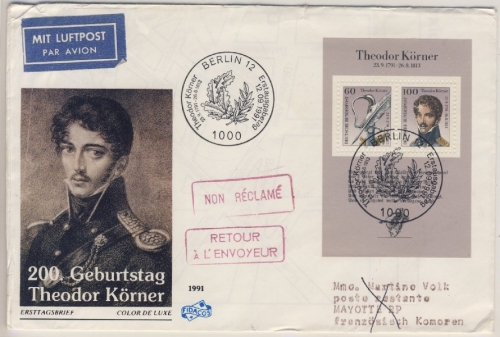 BRD - 200 Geb. Theodor Körner, Schmuck-FDC n. Franz. Komoren, ESST Berlin