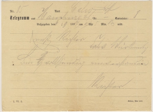 DR - Hamburg 1887, Telegramm aus Lahr