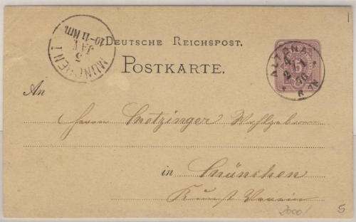 DR - Altona, K1 a. 5 PfgE. GA-Karte n. München 1876 - kl. Eckbug li. oben