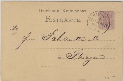 DR - Hamburg 6 Zollverein, K1 a. 5 Pfg. GA-Karte n. Striegau 1883