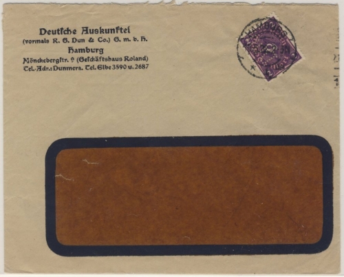 DR - 2 M. Posthorn/Perfin "Dun", Brief Hamburg 10.5.22 - ohne Inhalt