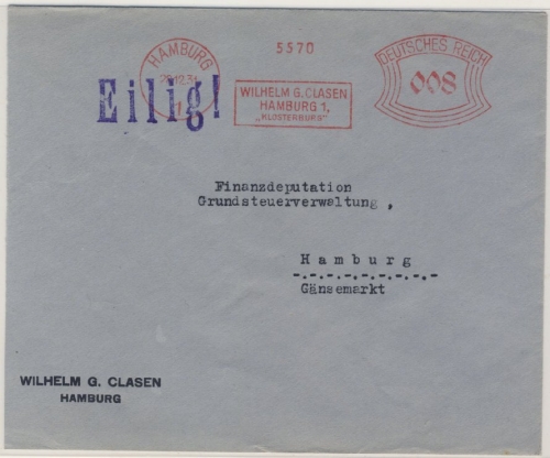 DR - Hamburg 1, 8 Pfg. AFS "Wilhelm G. Clasen", Ortsbrief 1931