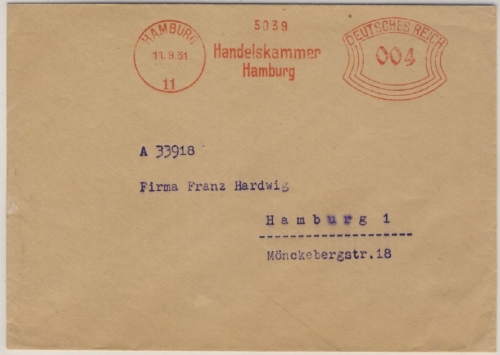 DR - Hamburg 11, 4 Pfg. AFS "Handelskammer Hamburg", Ortsdrucksachenbrief 1931