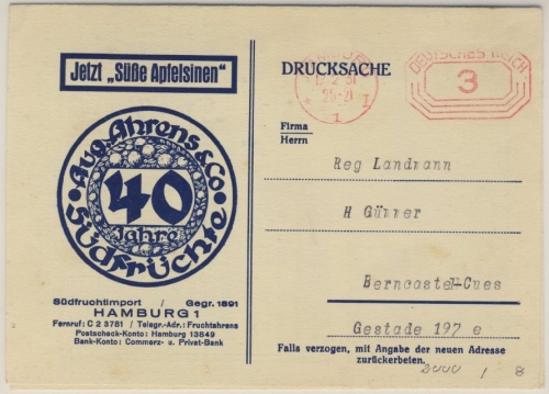 DR - Hamburg 1, 3 Pfg. Gebühren-Freistempel, illustr. Drucksachenkarte 1931