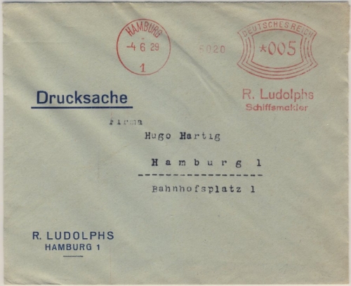 DR - Hamburg 1, 5 Pfg. AFS "R.Ludolphs Schiffsmakler", Orts-Drucksachenbf. 1929