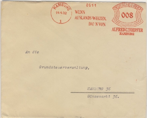 DR - Hamburg 1, 8 Pfg. AFS "Auslands-Weizen Toepfer", Ortbrief 1932