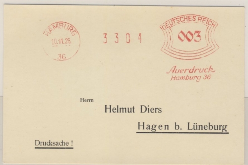 DR - Hamburg 36, 3 Pfg. AFS "Auerdruck", Drucksachenkarte n. Hagen 1926