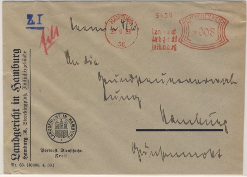 DR - Hamburg 36, 8 Pfg. AFS "Land- u. Amtsgericht", Ortsbrief 1933