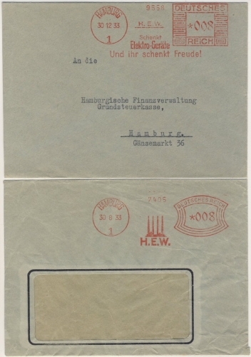 DR - Hamburg 1, 8 Pfg. AFS "H.E.W." (Elektrizität), 2 Ortsbriefe 1933