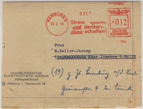DR - Hamburg 1, 12 Pfg. AFS "Stromsparen...", FaltbriefKaaksburg 15.2.45