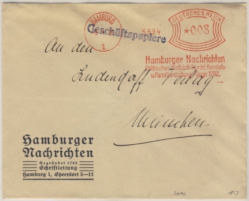 DR - Hamburg 1, 8 Pfg. AFS "Hamburger Nachrichten", Geschäftspapiere n. München
